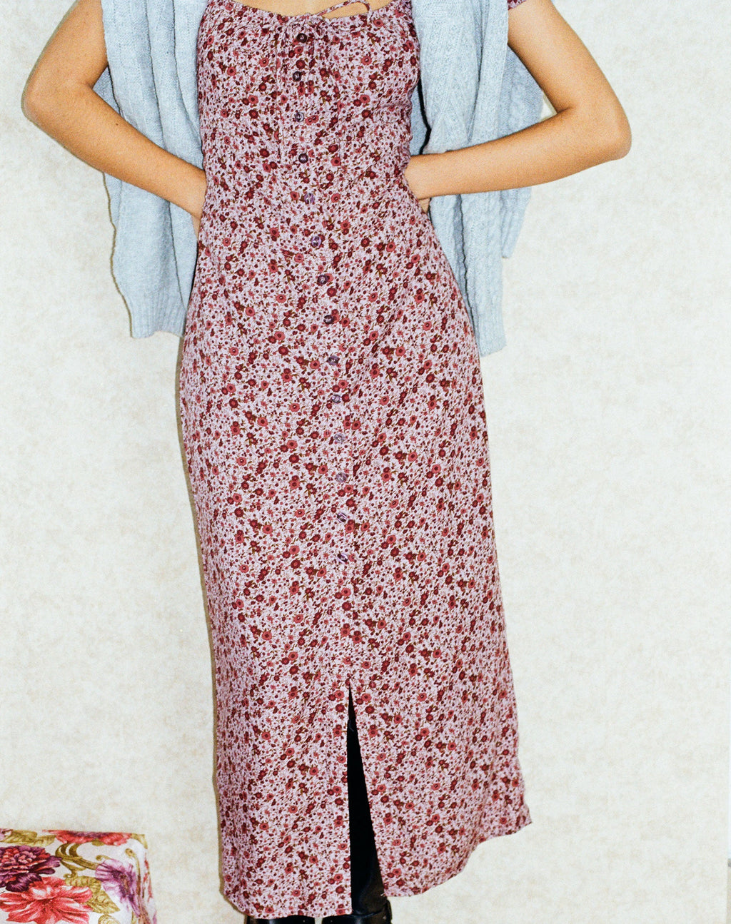 Vestido Larson Midi en Borgoña Floral Años 90