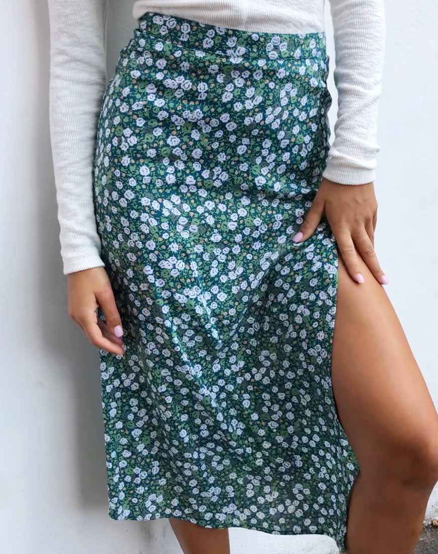 Falda Saika Midi Verde Campo Floral