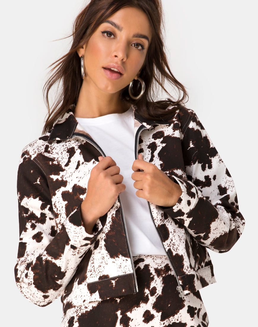 Chaqueta Agatha en piel de vaca marrón y blanca