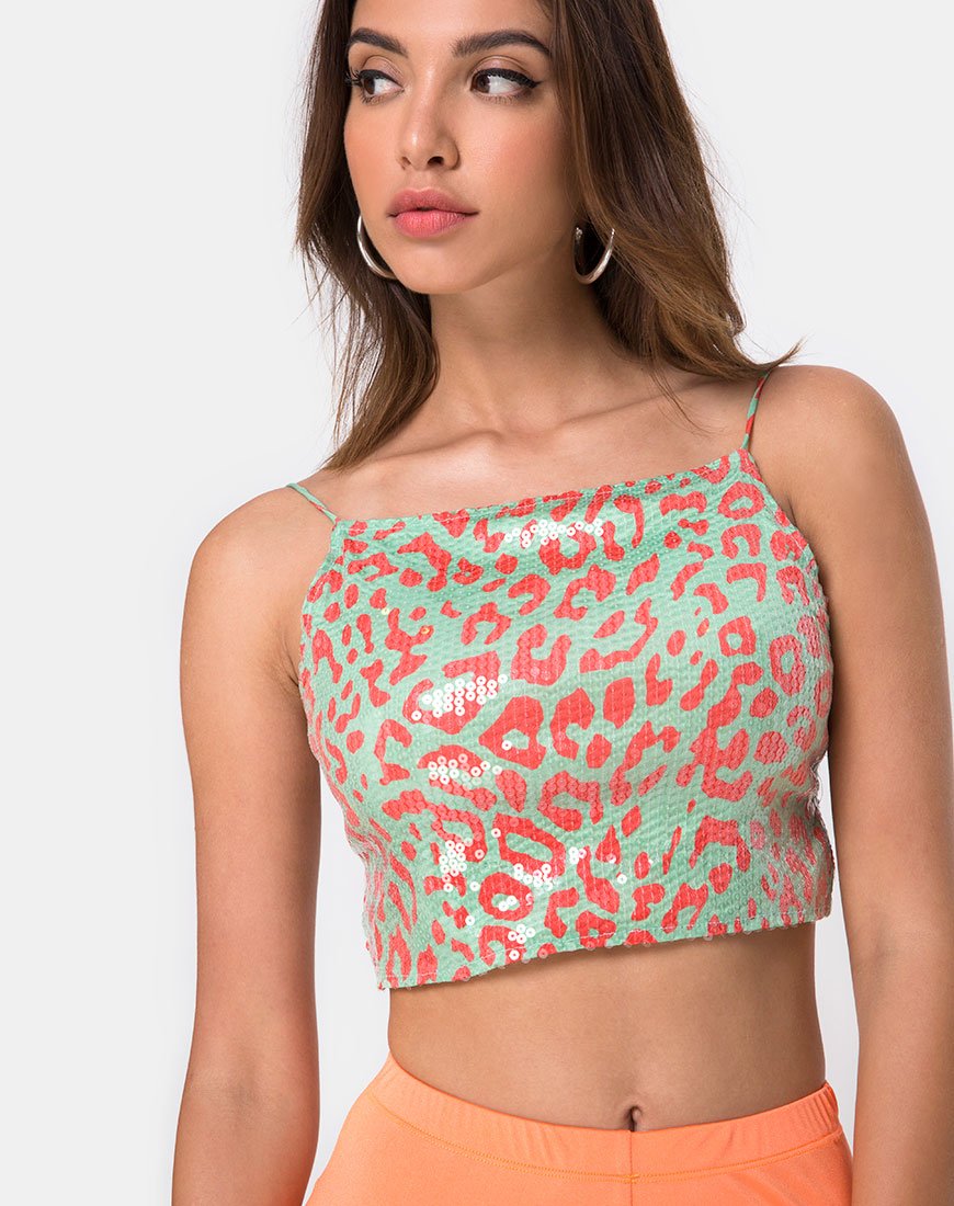 Crop Top Ahena en leopardo flúor con lentejuelas transparentes