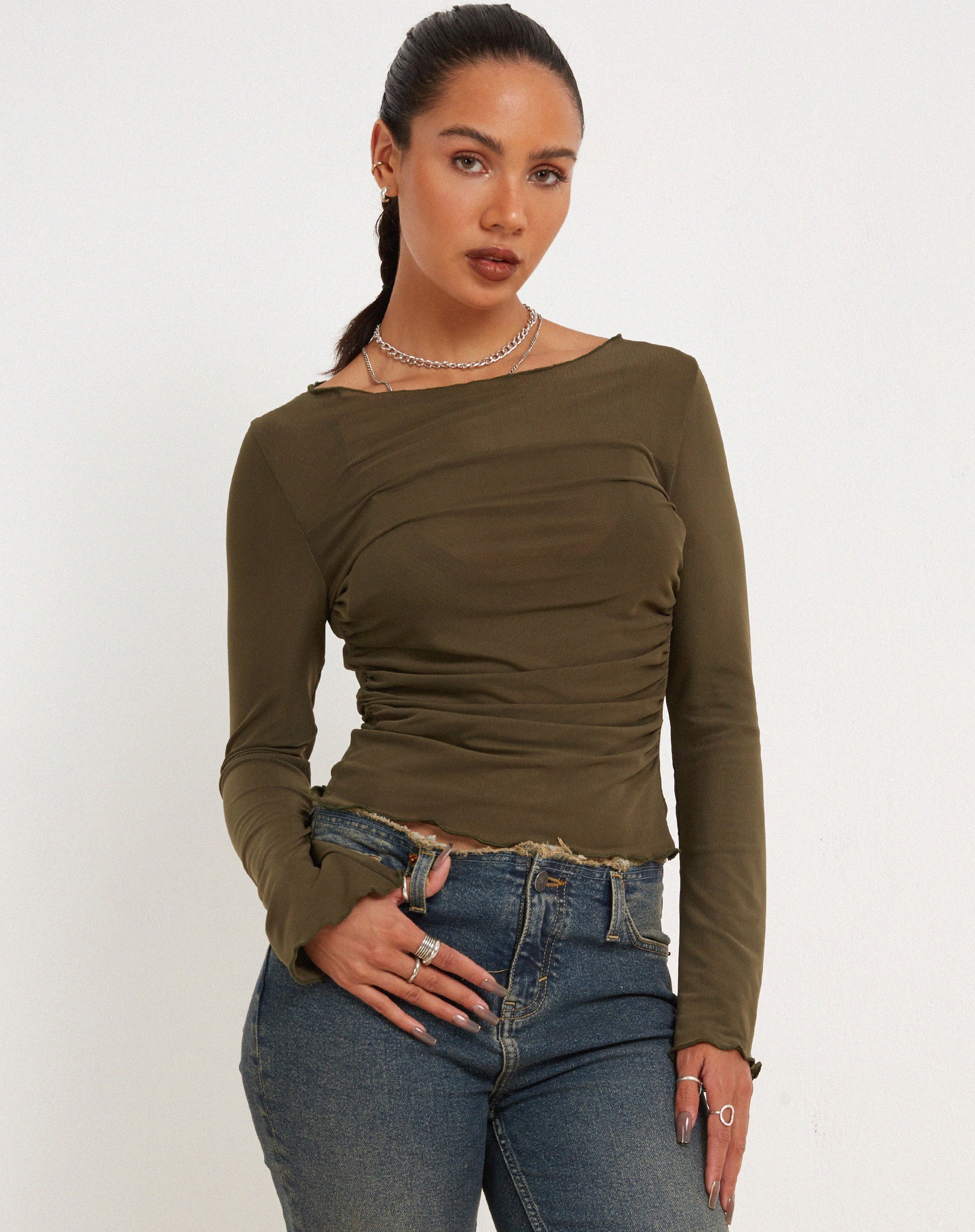 imagen de Armina Mesh Long Sleeve Top in Green Leaf