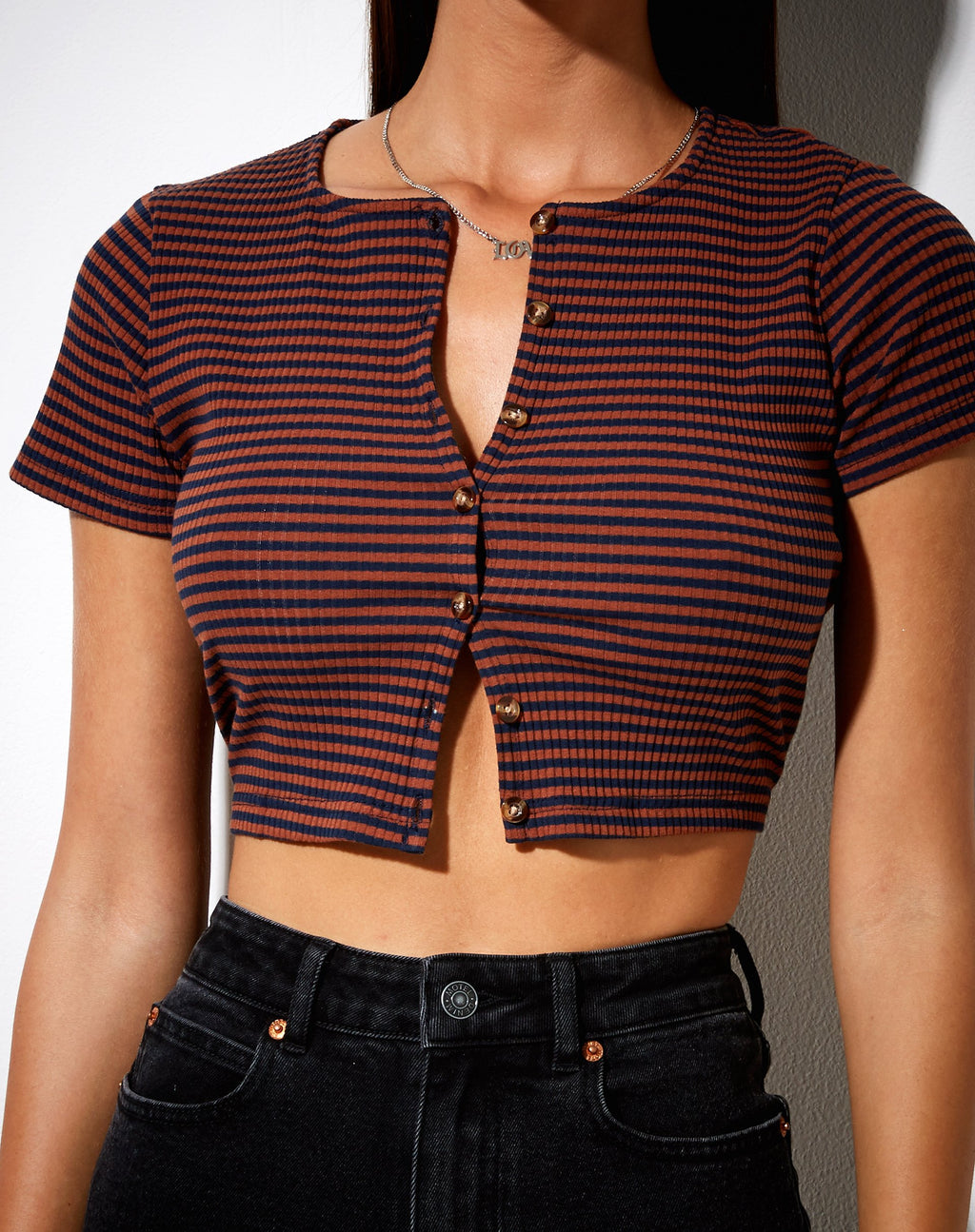 Avia Crop Top de canalé marrón y azul marino