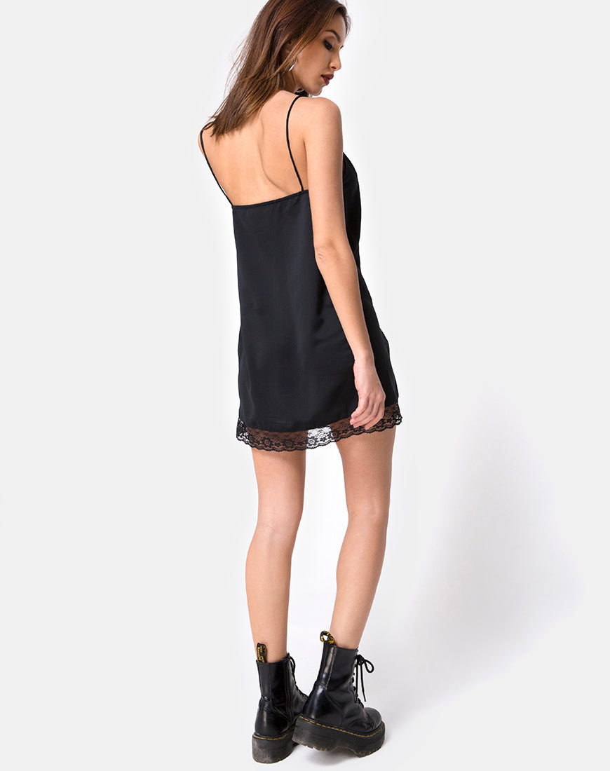 Imagen de Balace Slip Dress en raso negro con encaje negro