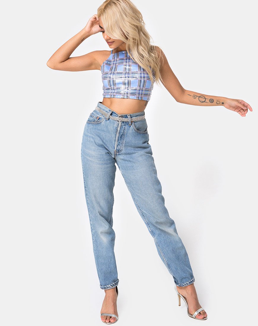 Imagen de Barilla Crop Top en cuadros de los 90 con lentejuelas transparentes