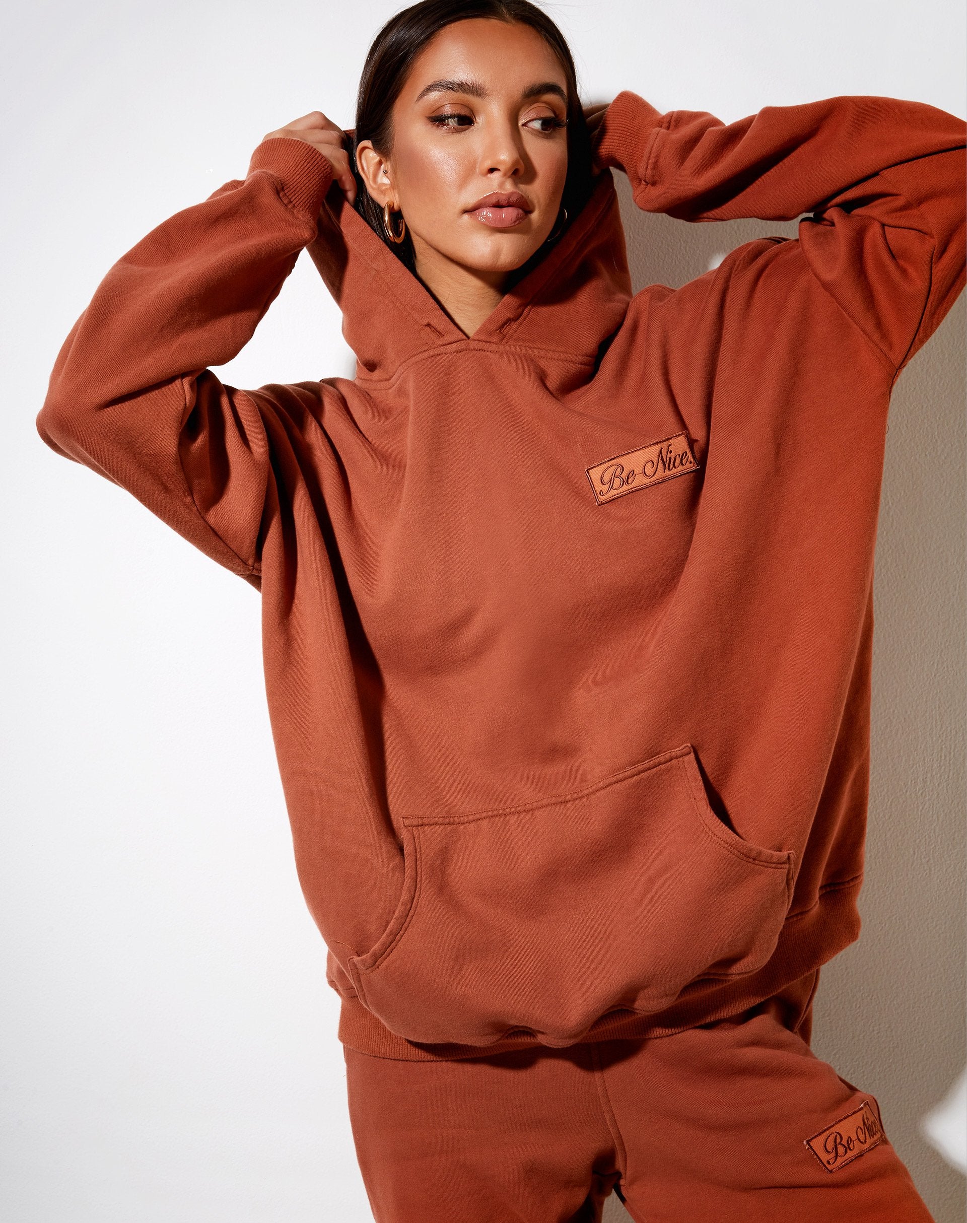 Imagen de la sudadera oversize con capucha en Burnt Brick Be Nice Label Embro
