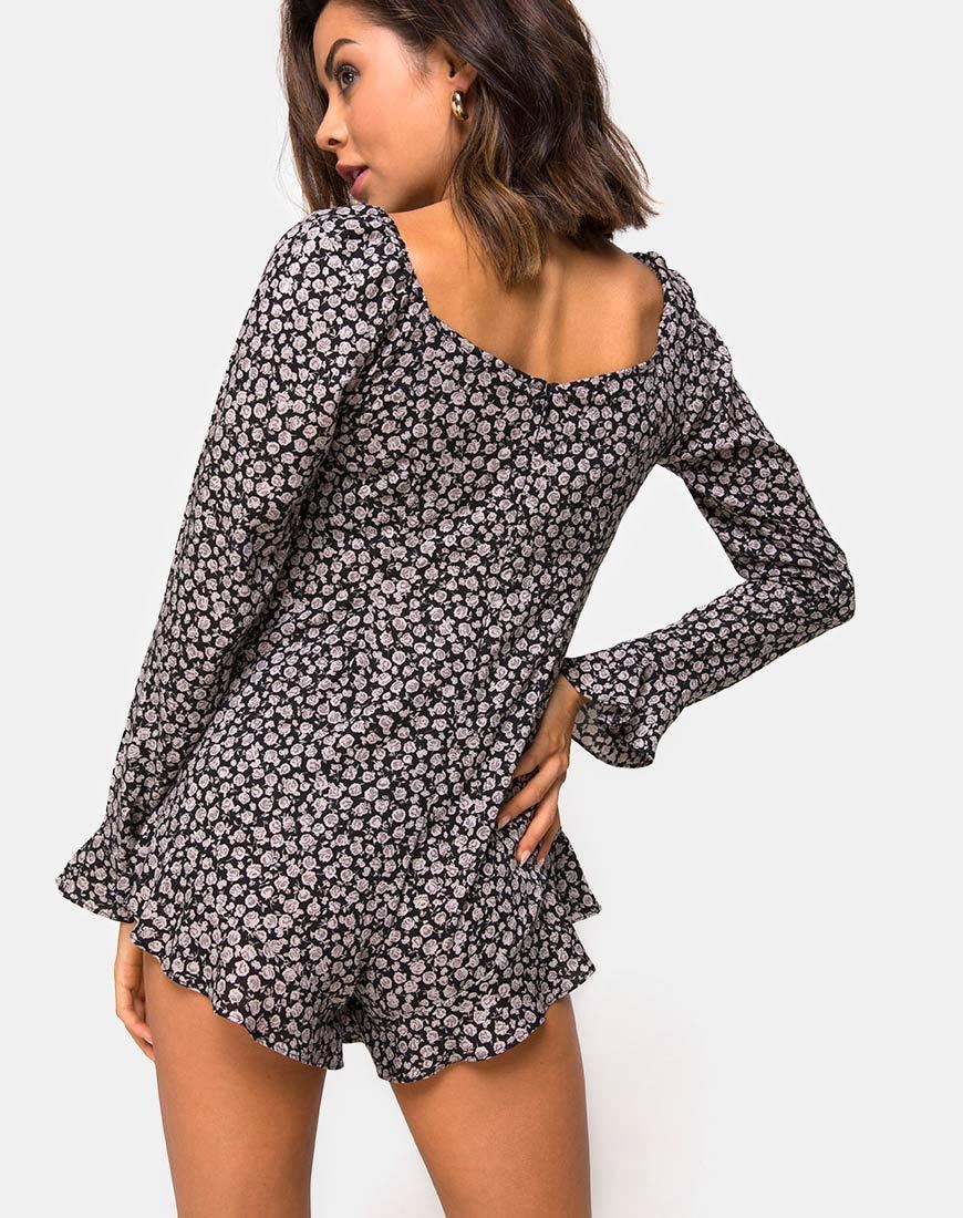 Playsuit Berlo de manga larga en Ditsy Rose Negro