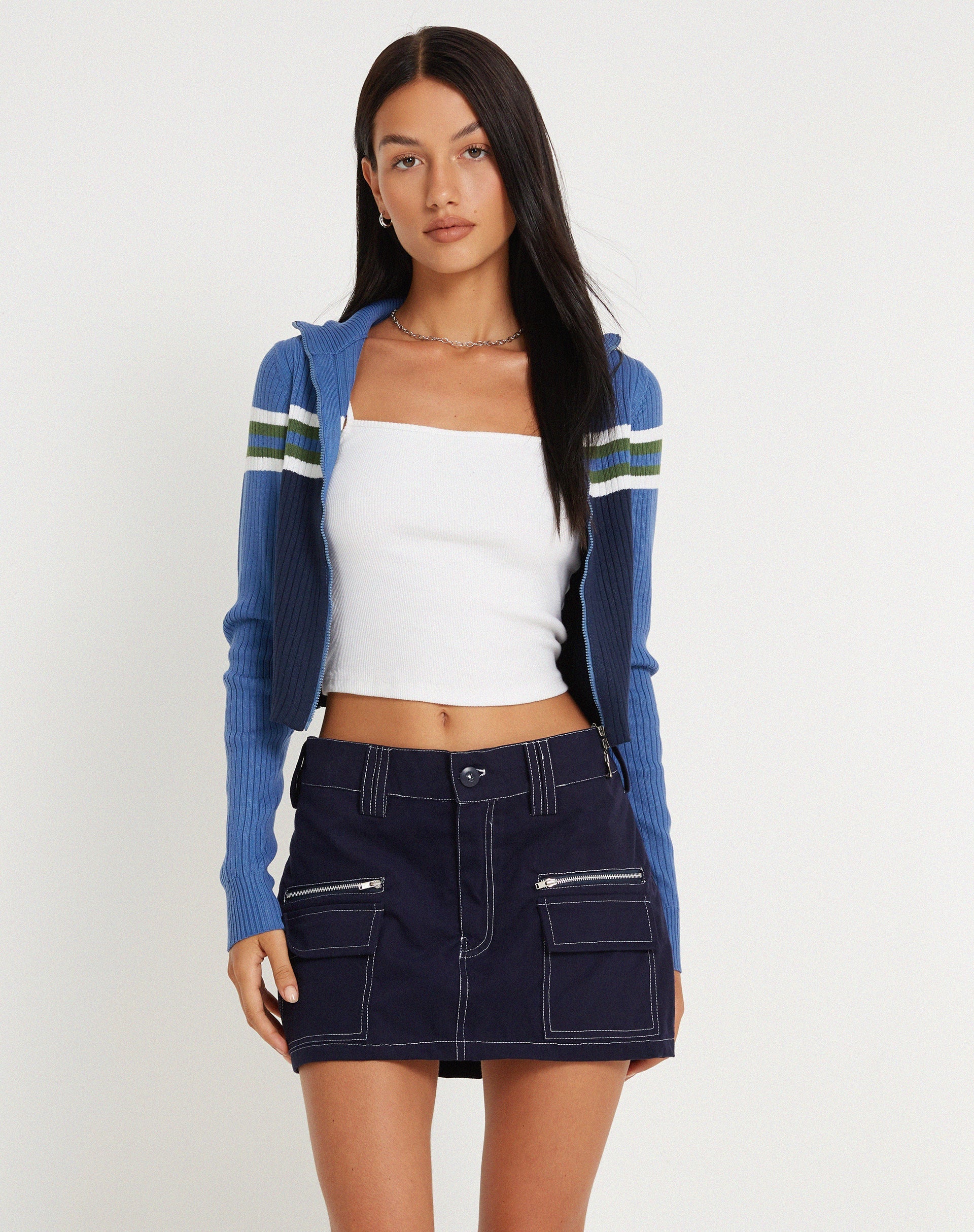 imagen de Betsy MIni Skirt in Navy with White Top Stitch