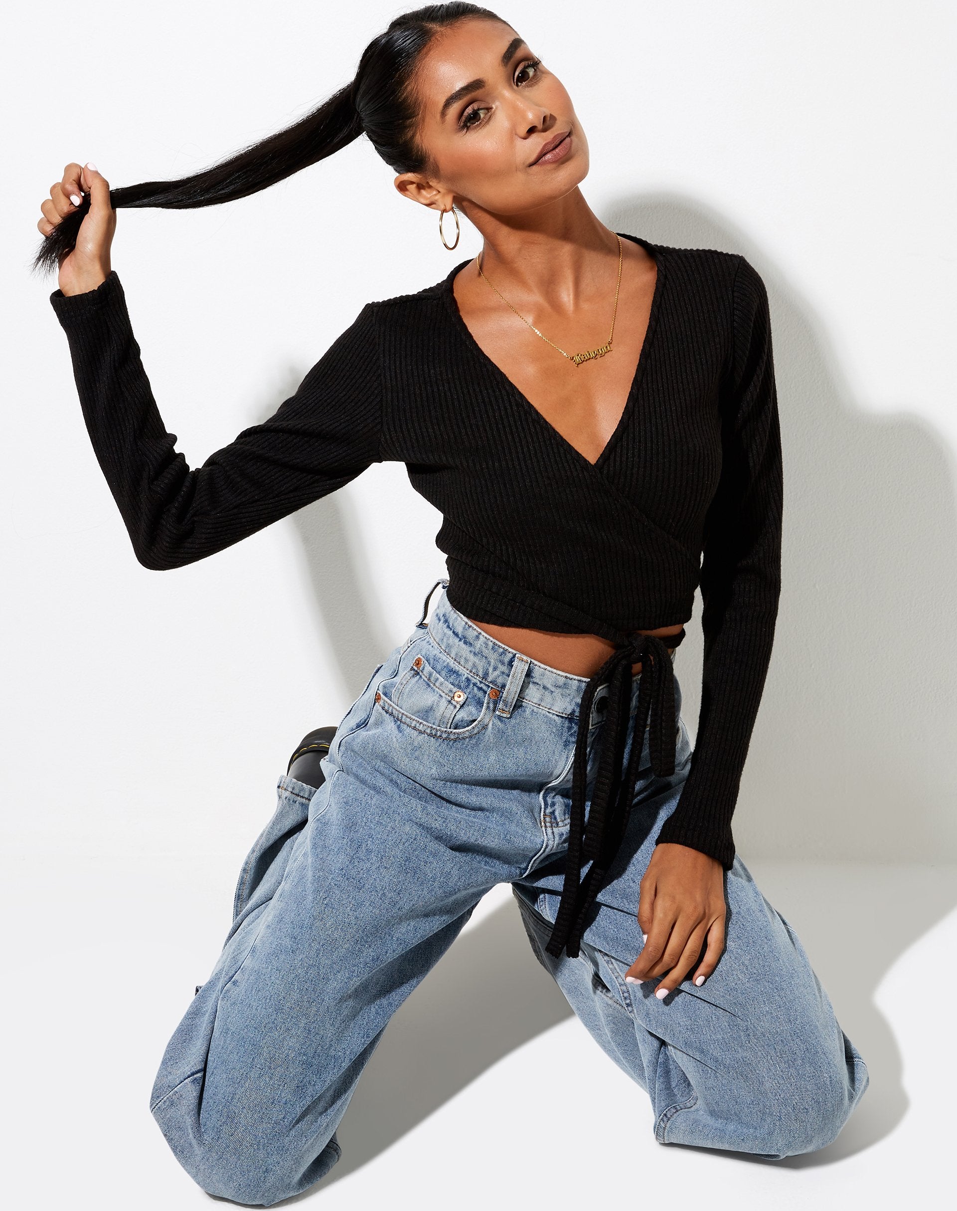 Imagen de Bianca Wrap Top de canalé Negro