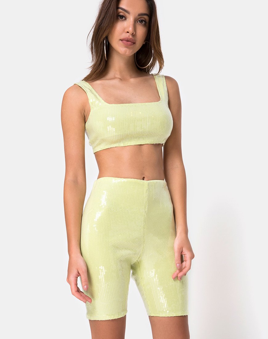 Pantalón corto de ciclista en verde pistacho con lentejuelas transparentes