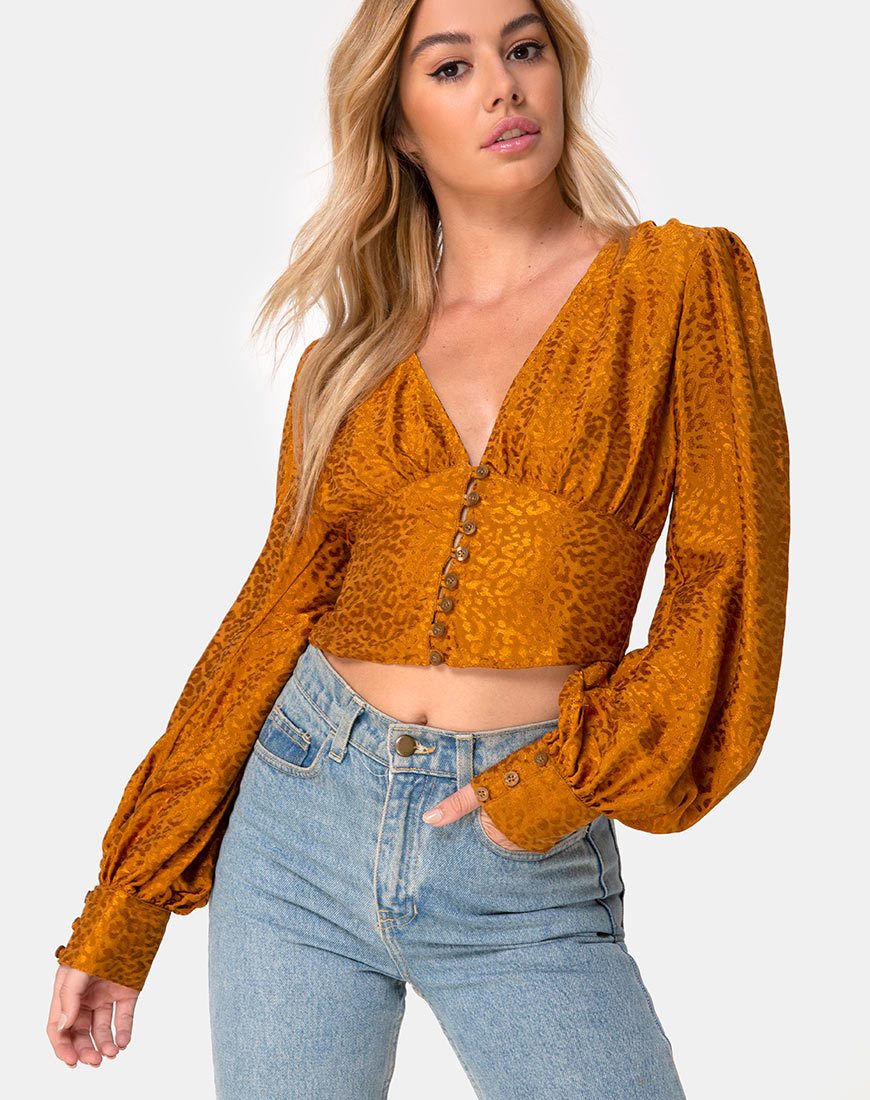 Bina Crop Top de satén guepardo dorado