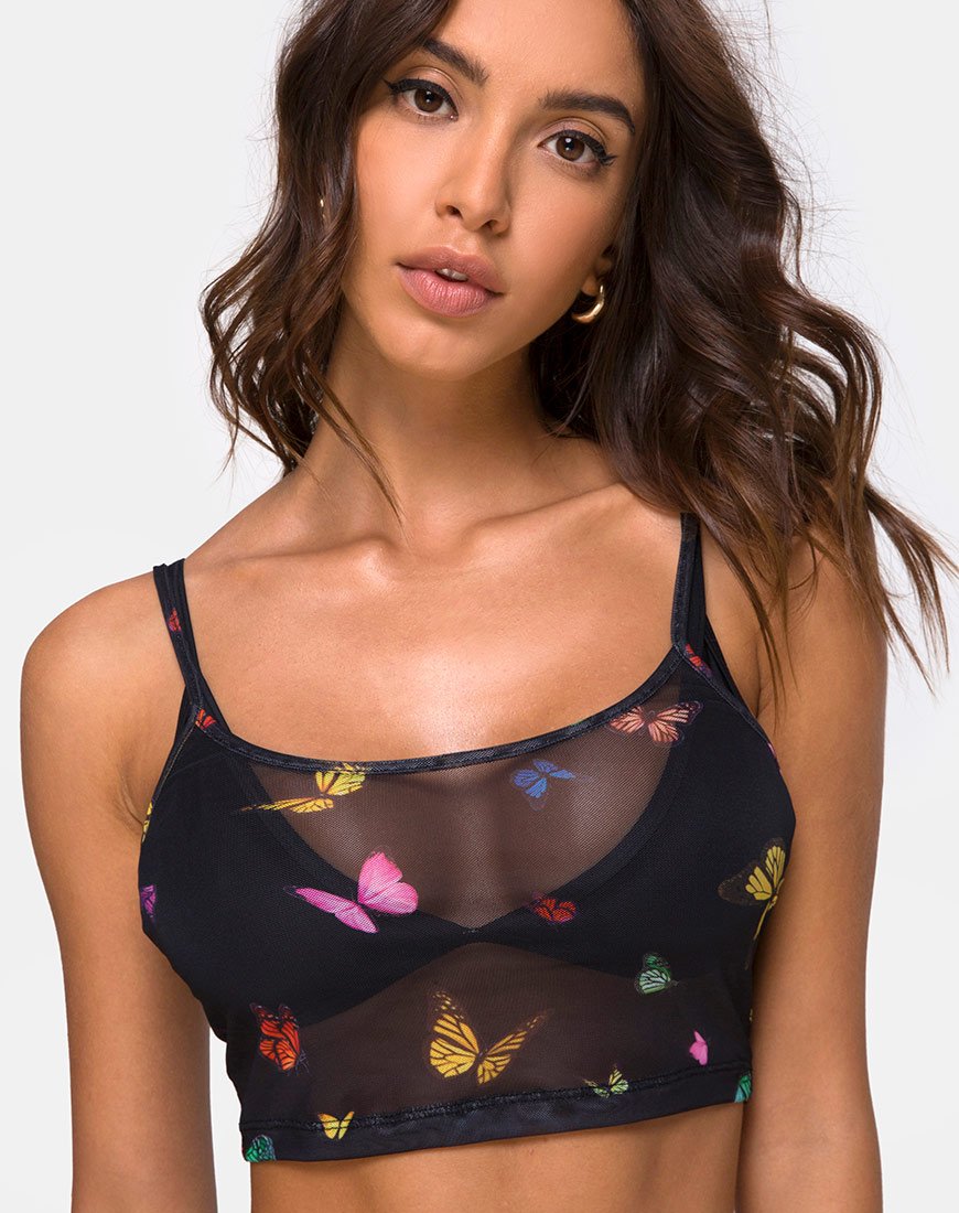 Bliss Crop Top de Malla Negro Mariposa