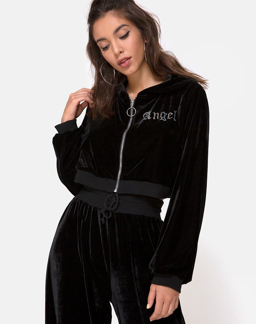 Sudadera Bomb Hoodie en Negro con Angel Diamante Hot Fix