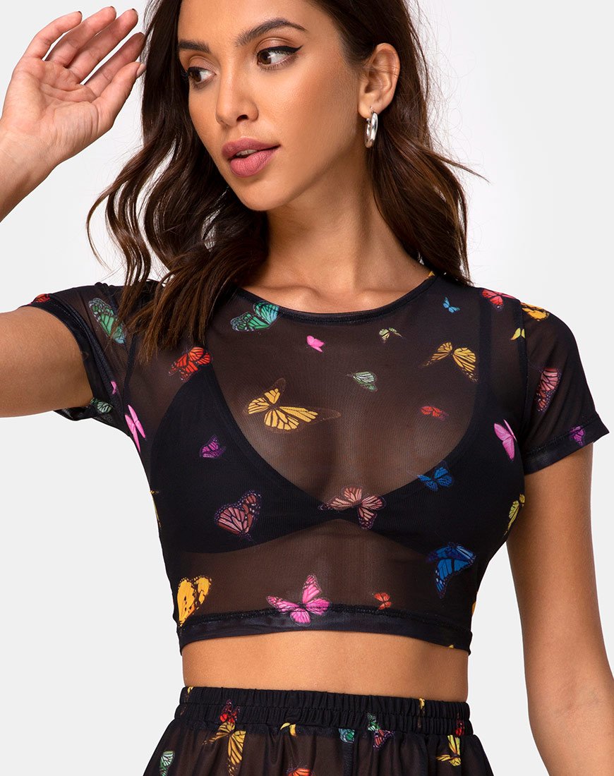 Tiney Crop Top Tee en Mesh Negro Mariposa