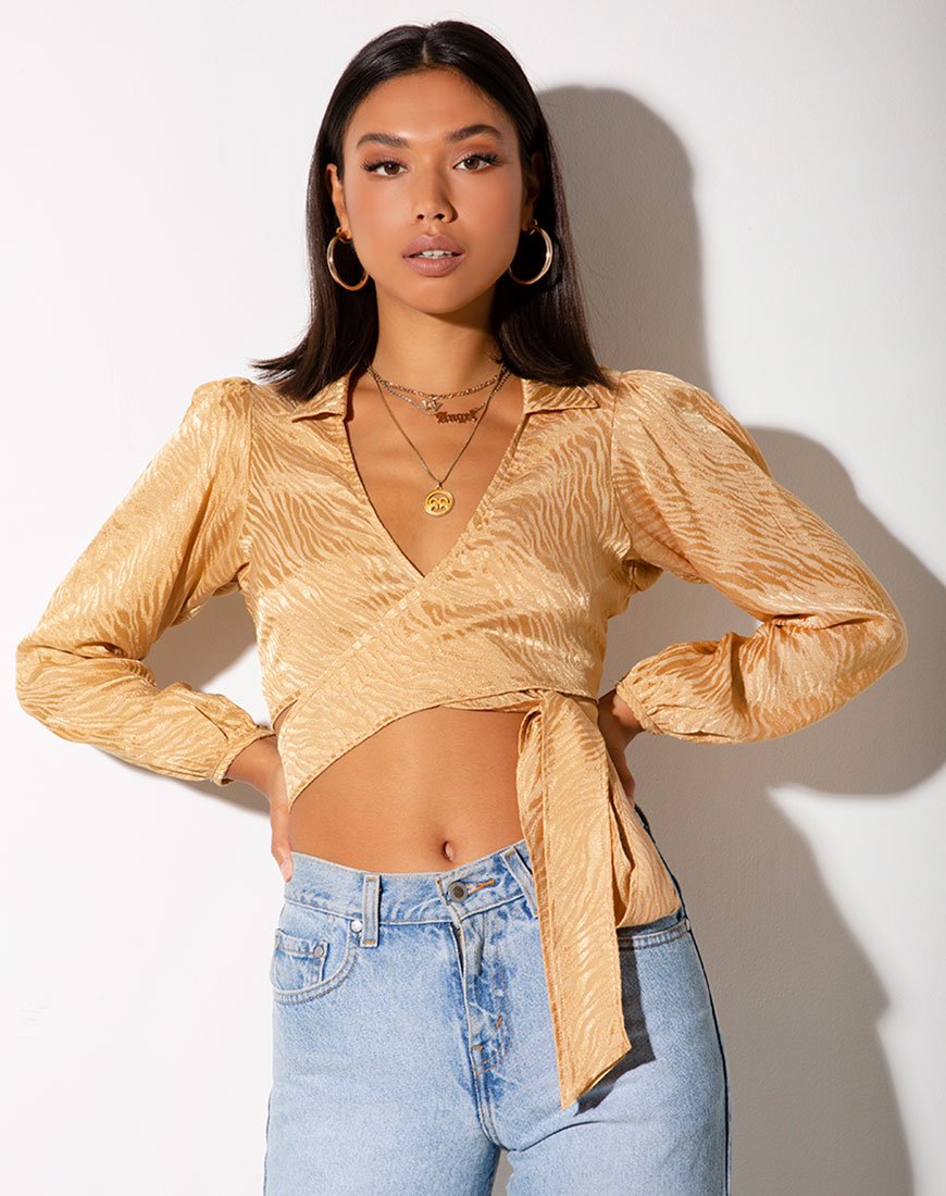 Briza Crop Top de Satén Cebra Caramelo