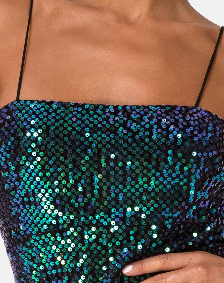 Imagen del vestido Cecile en terciopelo verde lentejuelas iridiscentes