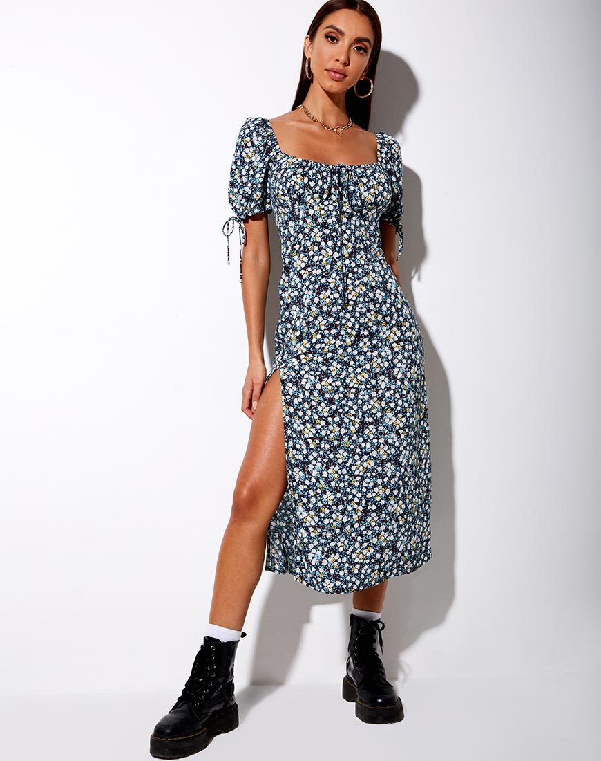 Imagen de Cello Vestido Midi en Campo Floral Azul Marino
