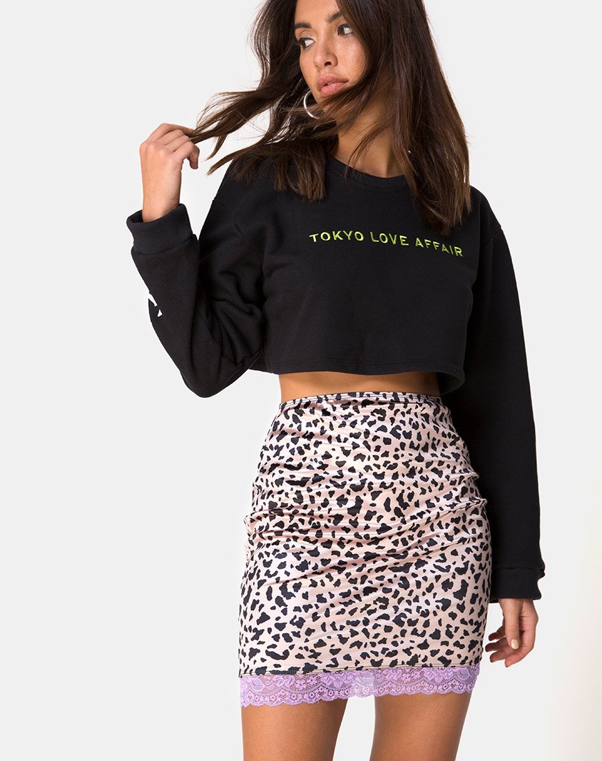 Falda Cherry de satén animal con encaje lila