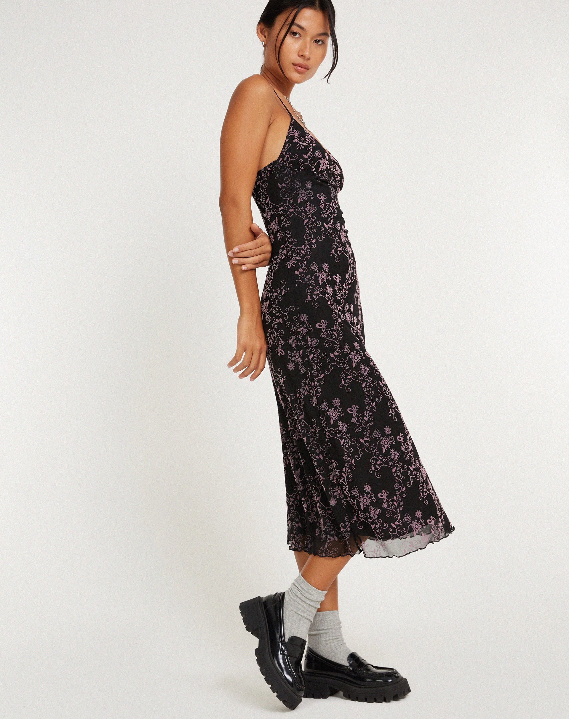 imagen de Cotina Midi Dress in Butterfly Vine Flock Black and Pink