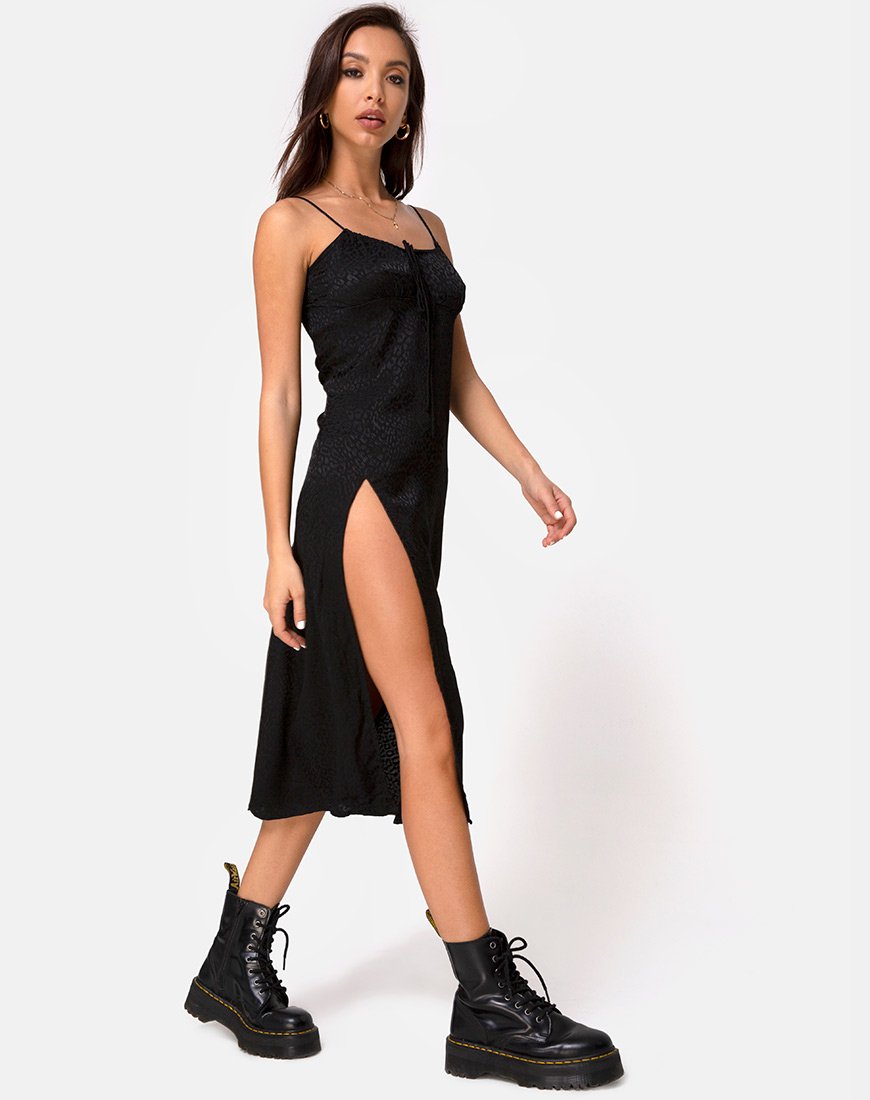 Vestido Midi Cypress de satén negro guepardo