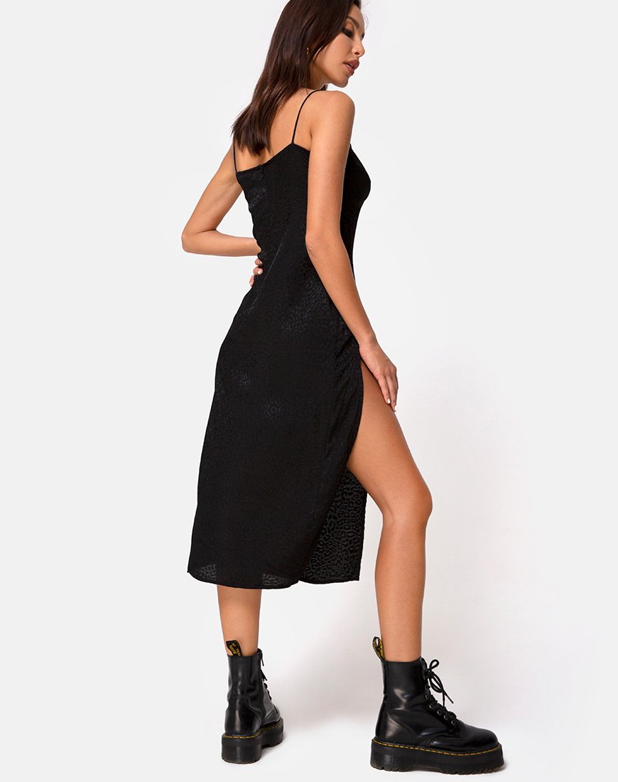 Imagen del vestido Midi Cypress de satén negro guepardo