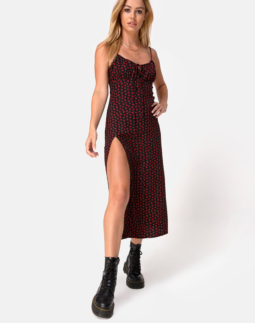 Vestido Midi Ciprés en Rojo Rosa Lunar
