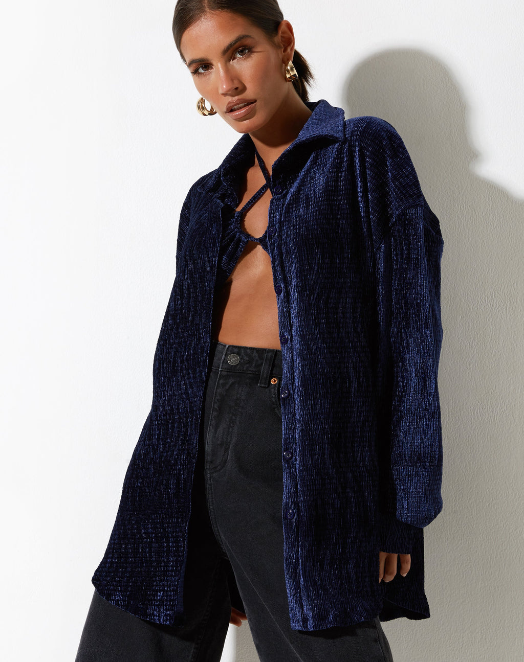 Camisa Dael Oversized en Terciopelo Azul Marino
