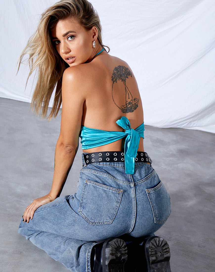 Darina Crop Top De Satén Azul Brillante
