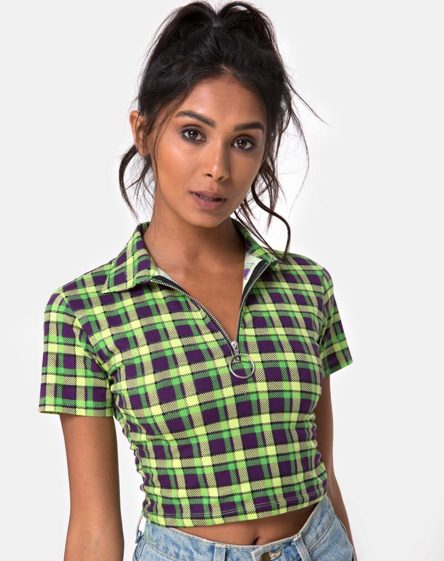 Dhen Crop Top de cuadros verdes y morados