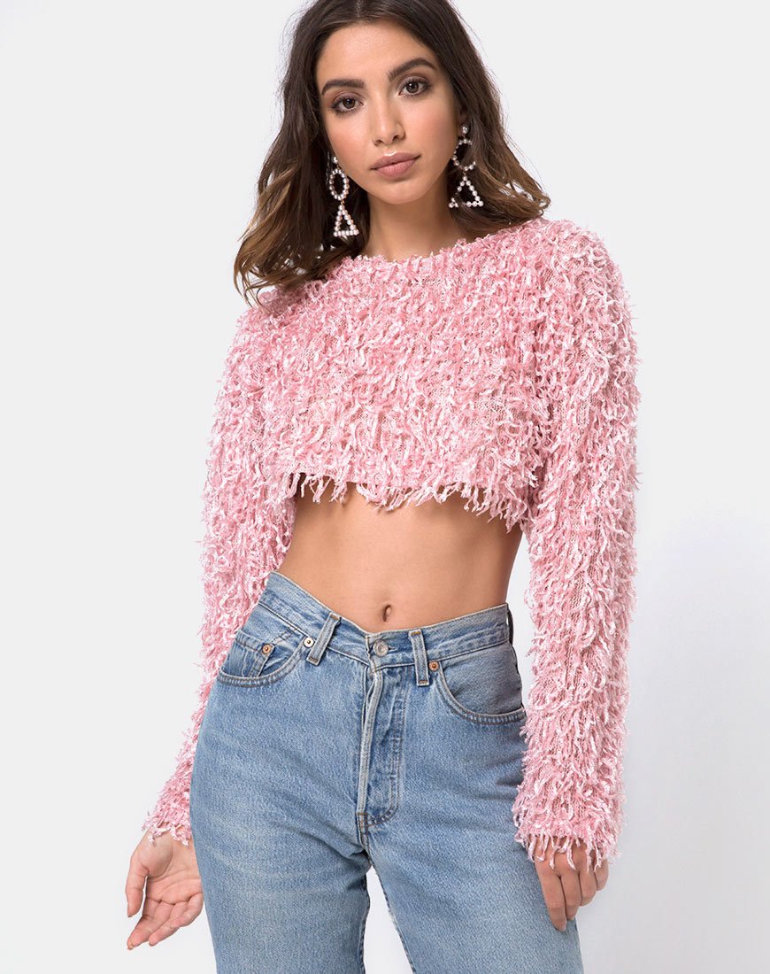 Diabla Crop Jumper en Shaggy Knit Rosa Azúcar