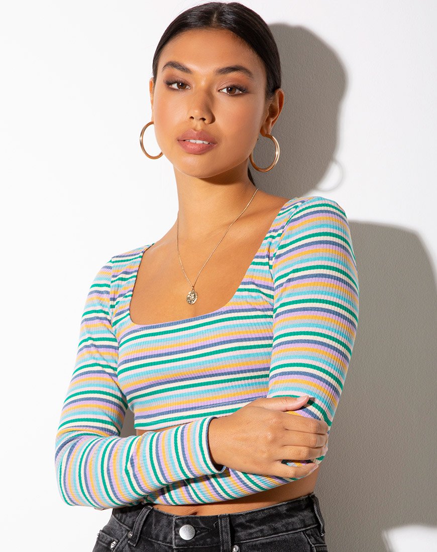 Adea Crop Top en rib verde púrpura y amarillo by Motel