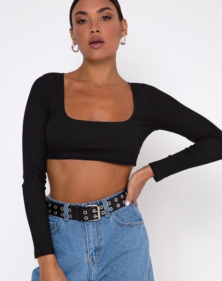Drea Crop Top de canalé negro