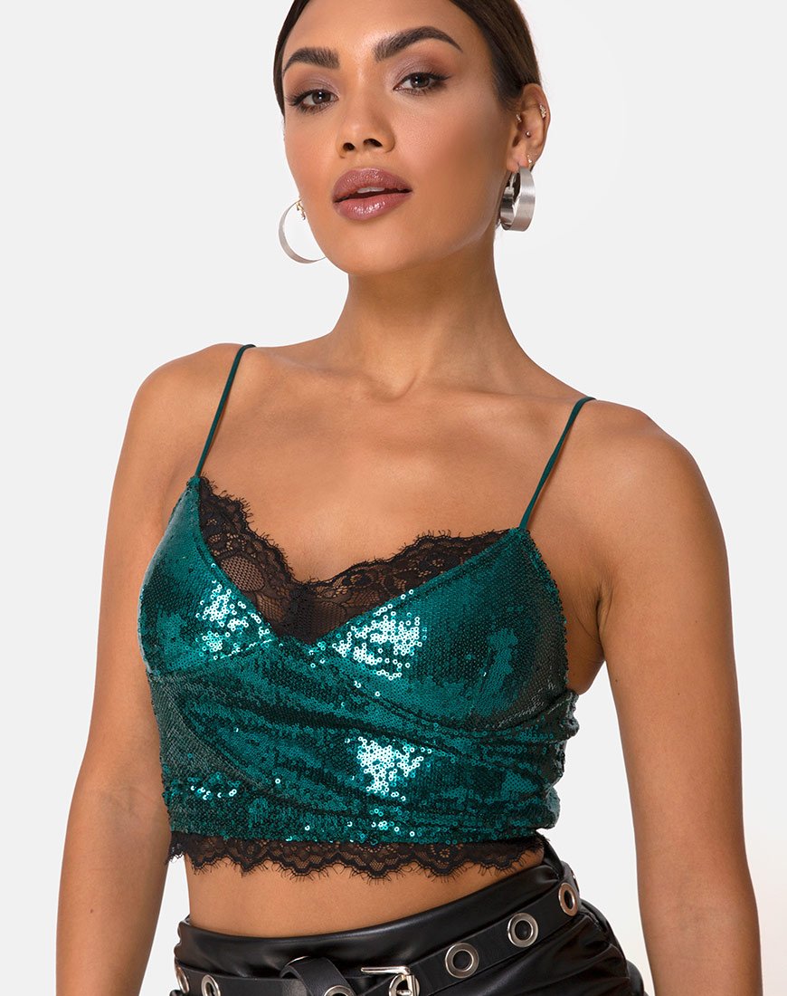 Top Drilly de mini lentejuelas verde azulado con encaje negro