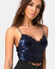 Imagen de Drilly Crop Top en mini lentejuelas medianoche con encaje negro