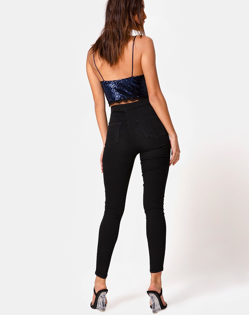 Imagen de Drilly Crop Top en mini lentejuelas medianoche con encaje negro
