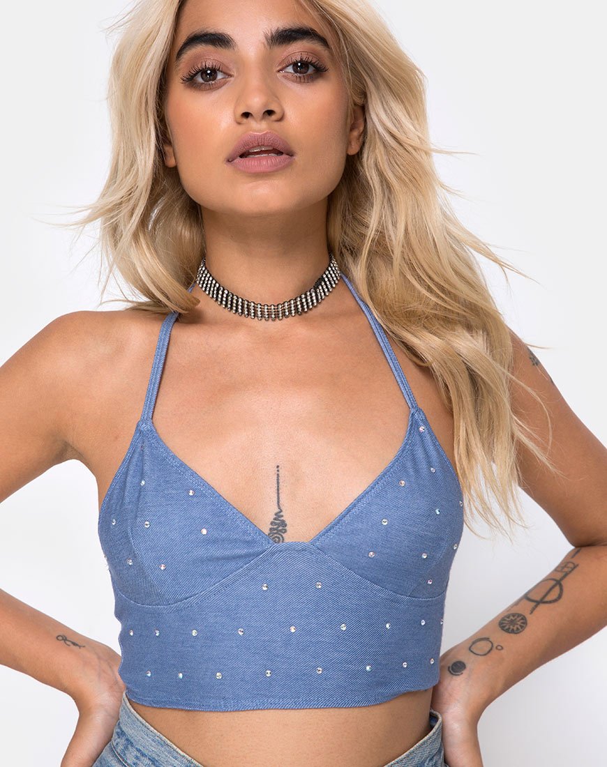 Dyla Crop Top en Denim Azul Hot Fix