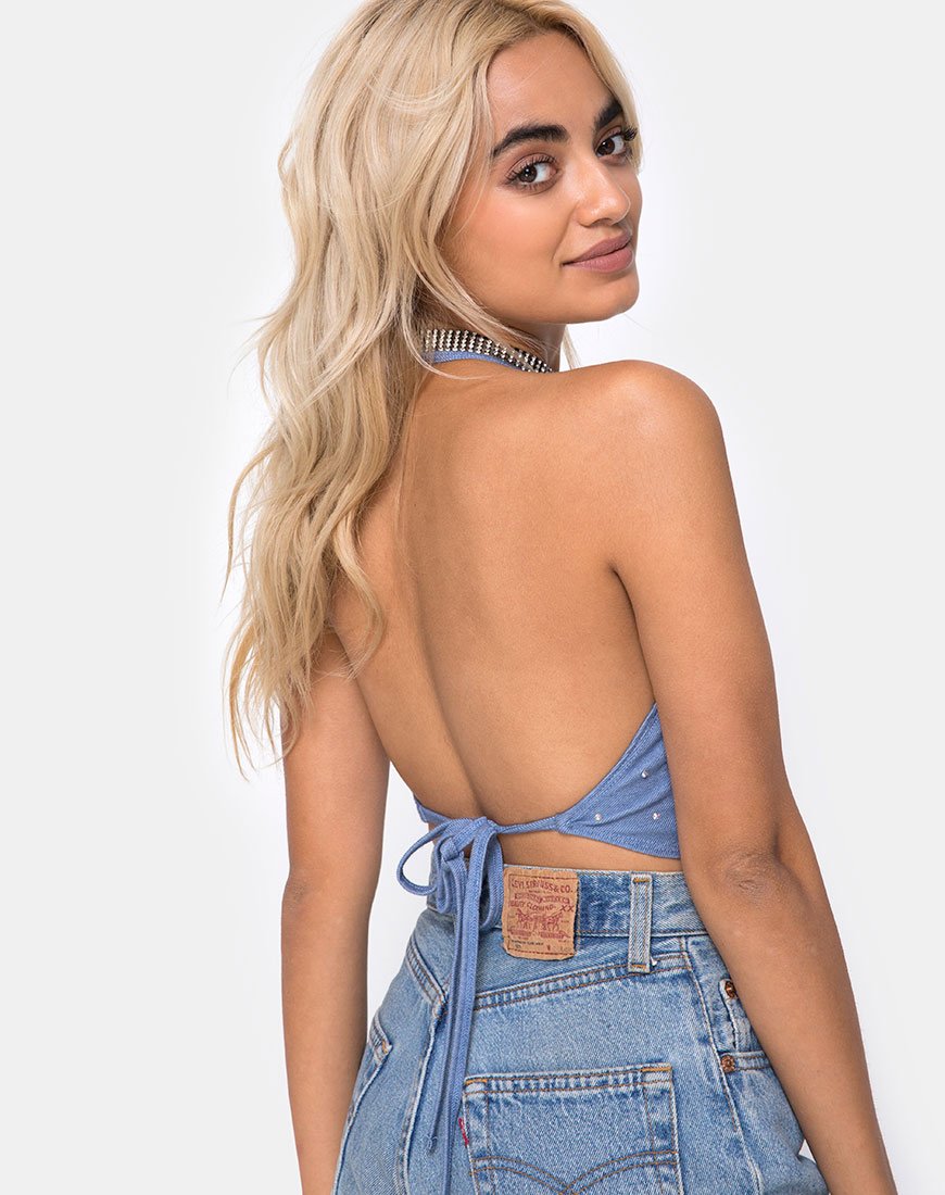 Dyla Crop Top en Denim Azul Hot Fix
