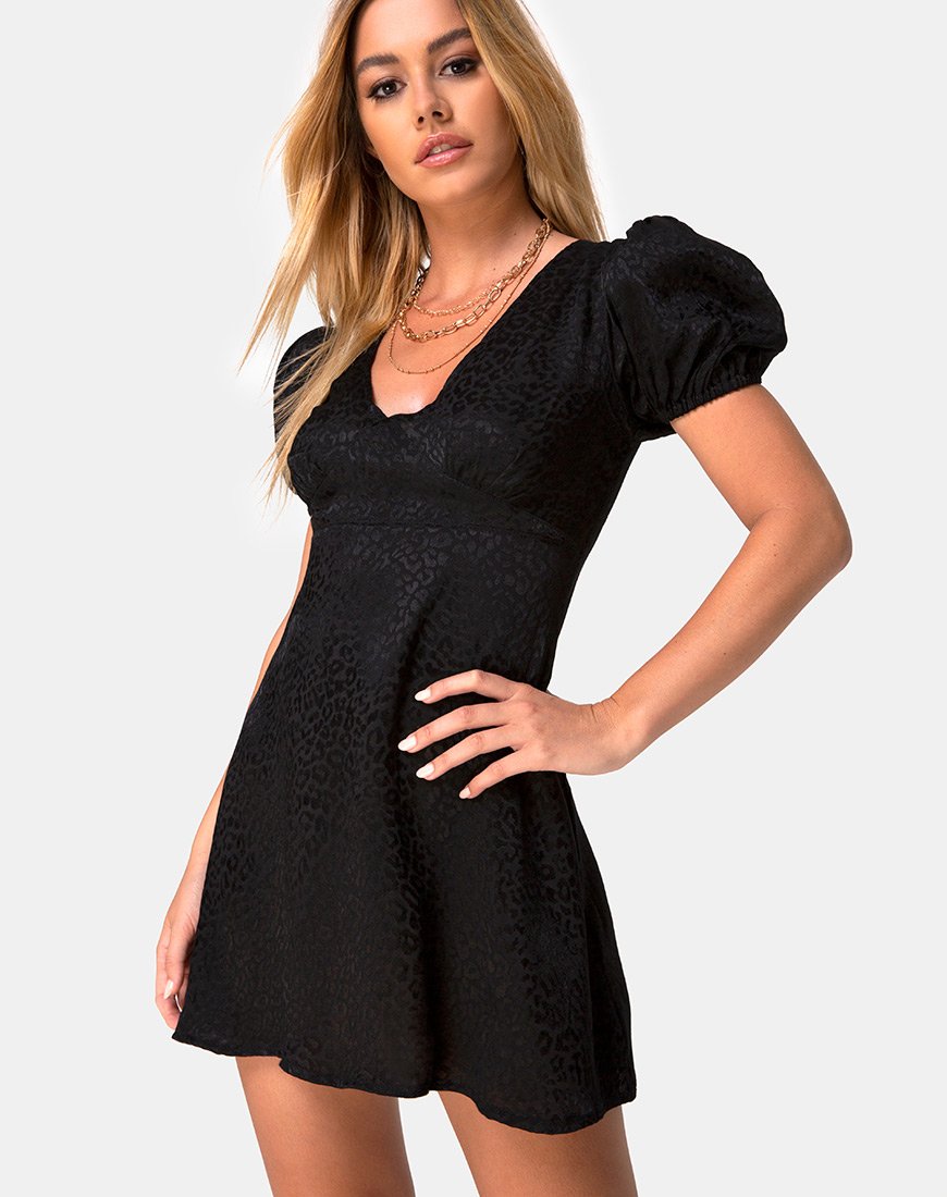 Minivestido Elfy de satén negro guepardo
