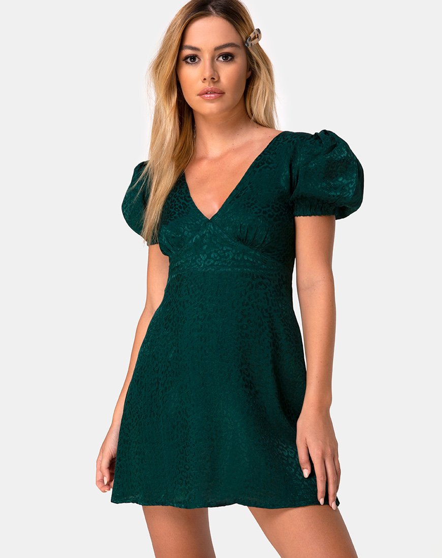 Mini Vestido Elfy en Satén Chita Verde Bosque