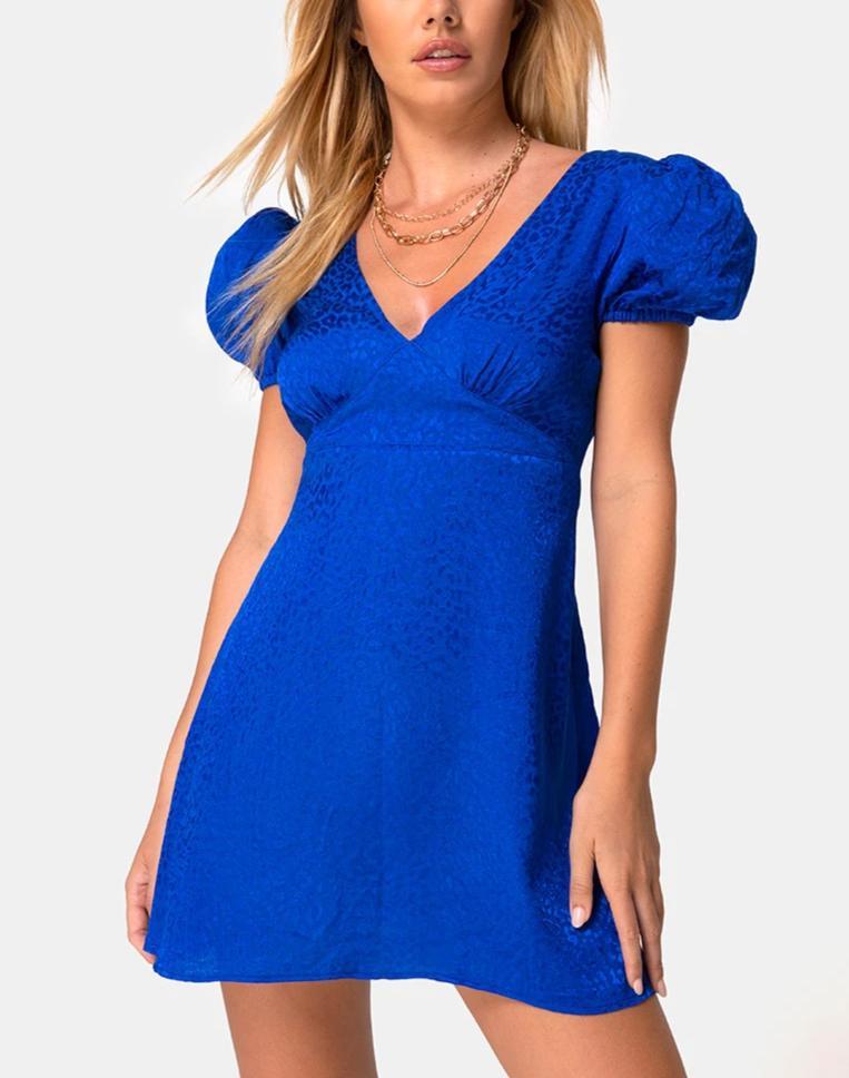 Mini Vestido Elfy de Satén Chita Azul Real