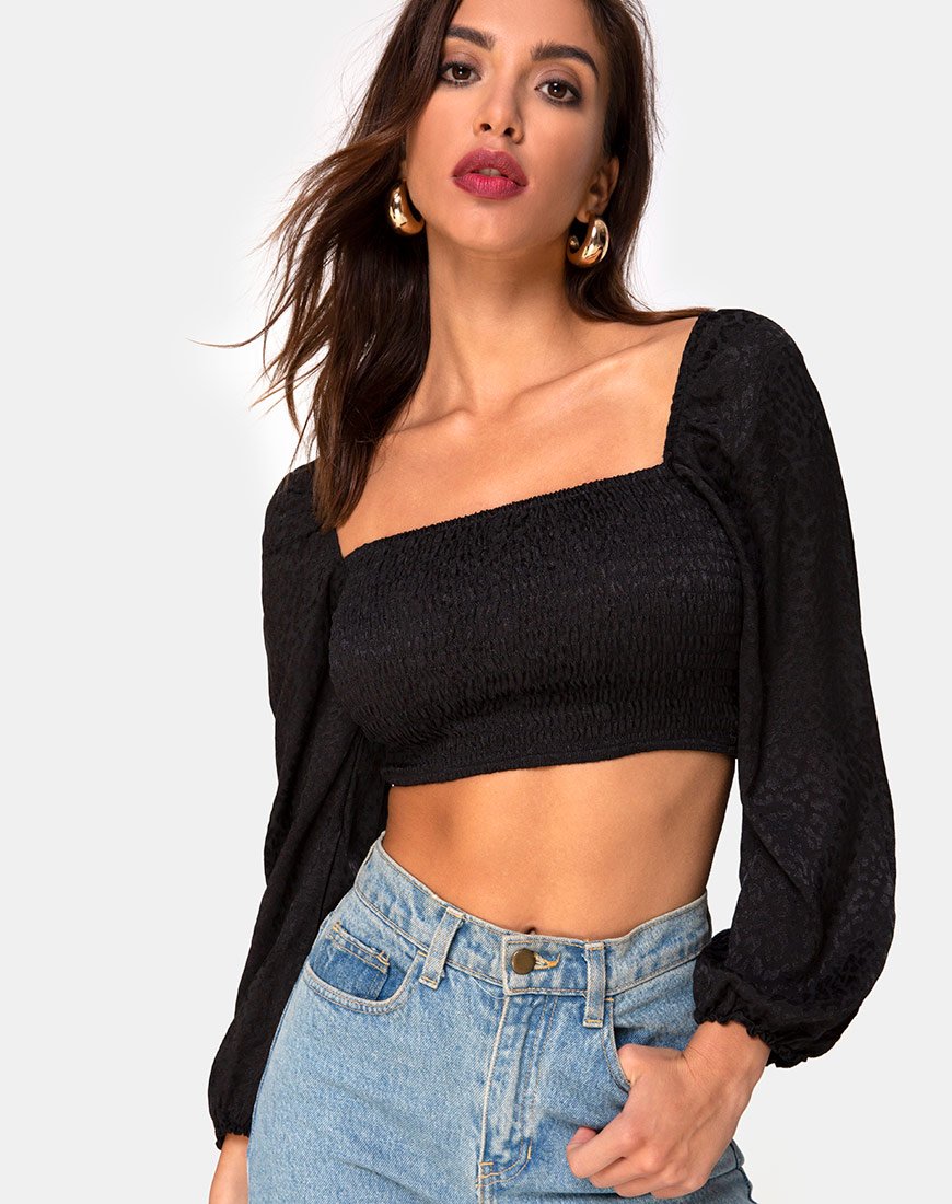 Top Elina de guepardo satinado negro