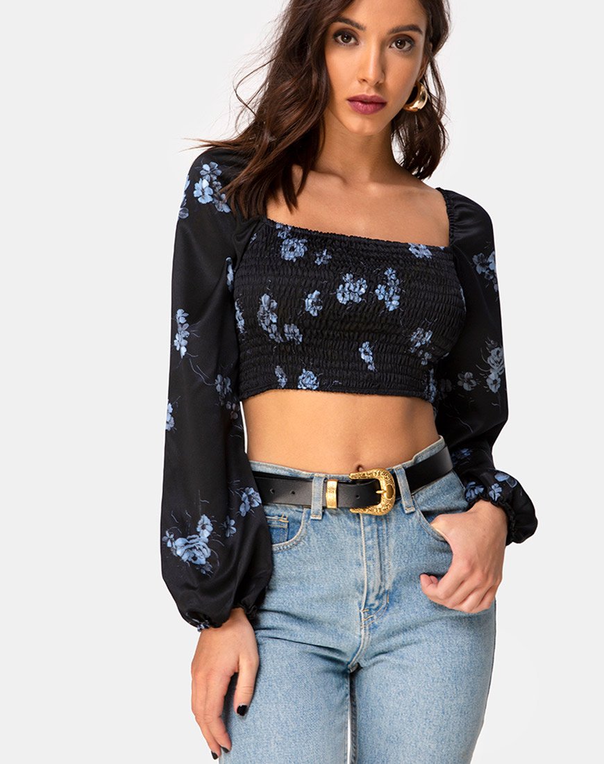 Top Elina en satén negro Mono Flor