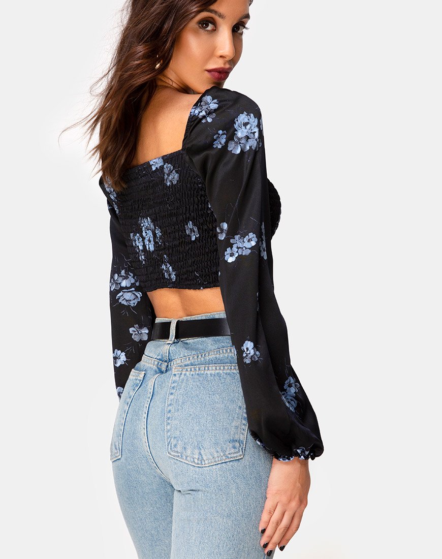 Top Elina en satén negro Mono Flor