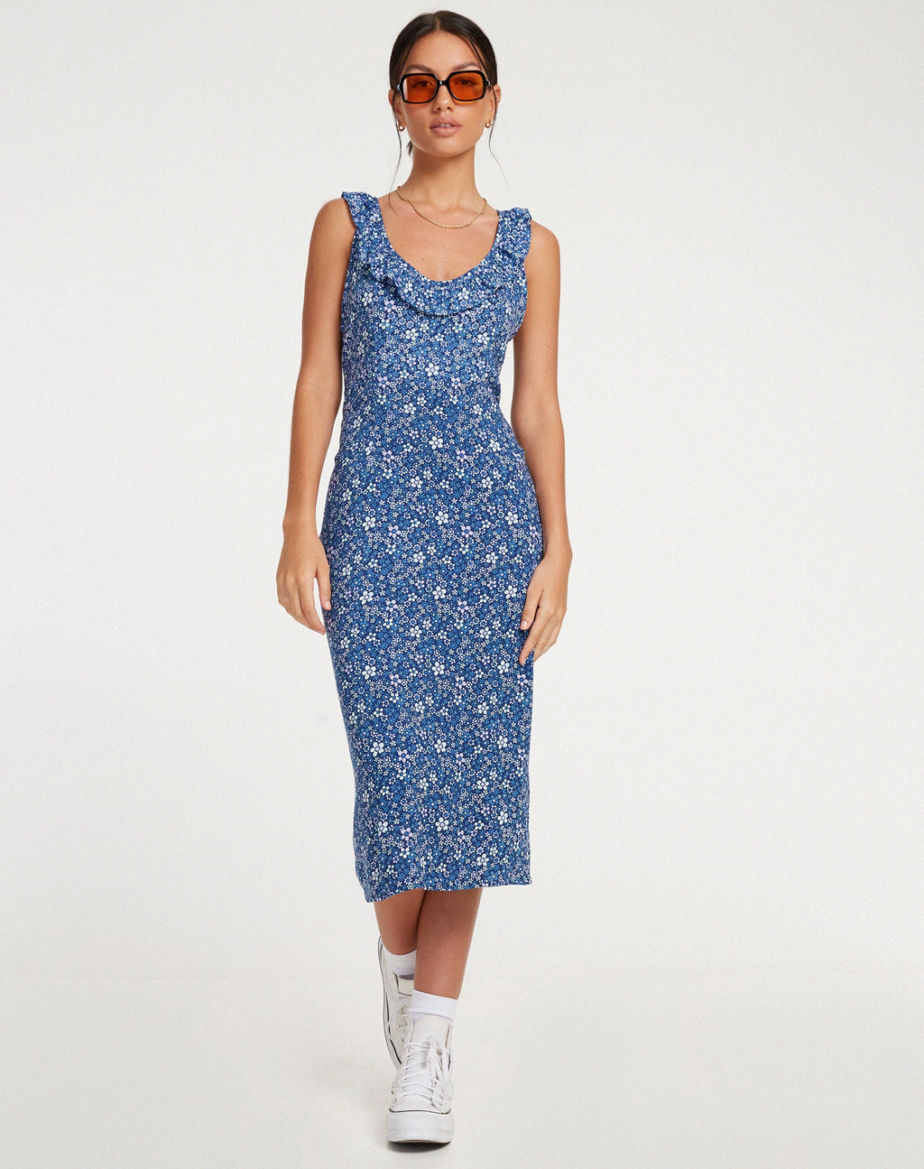 Vestido Elleta Midi Azul Floral Retro