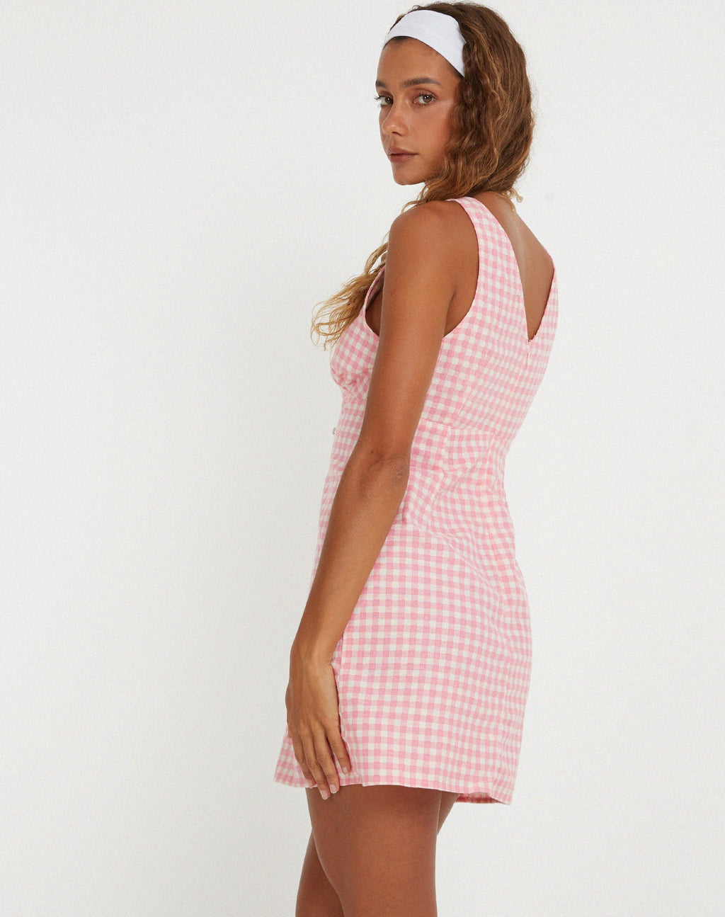 Minivestido Eluned en guinga rosa