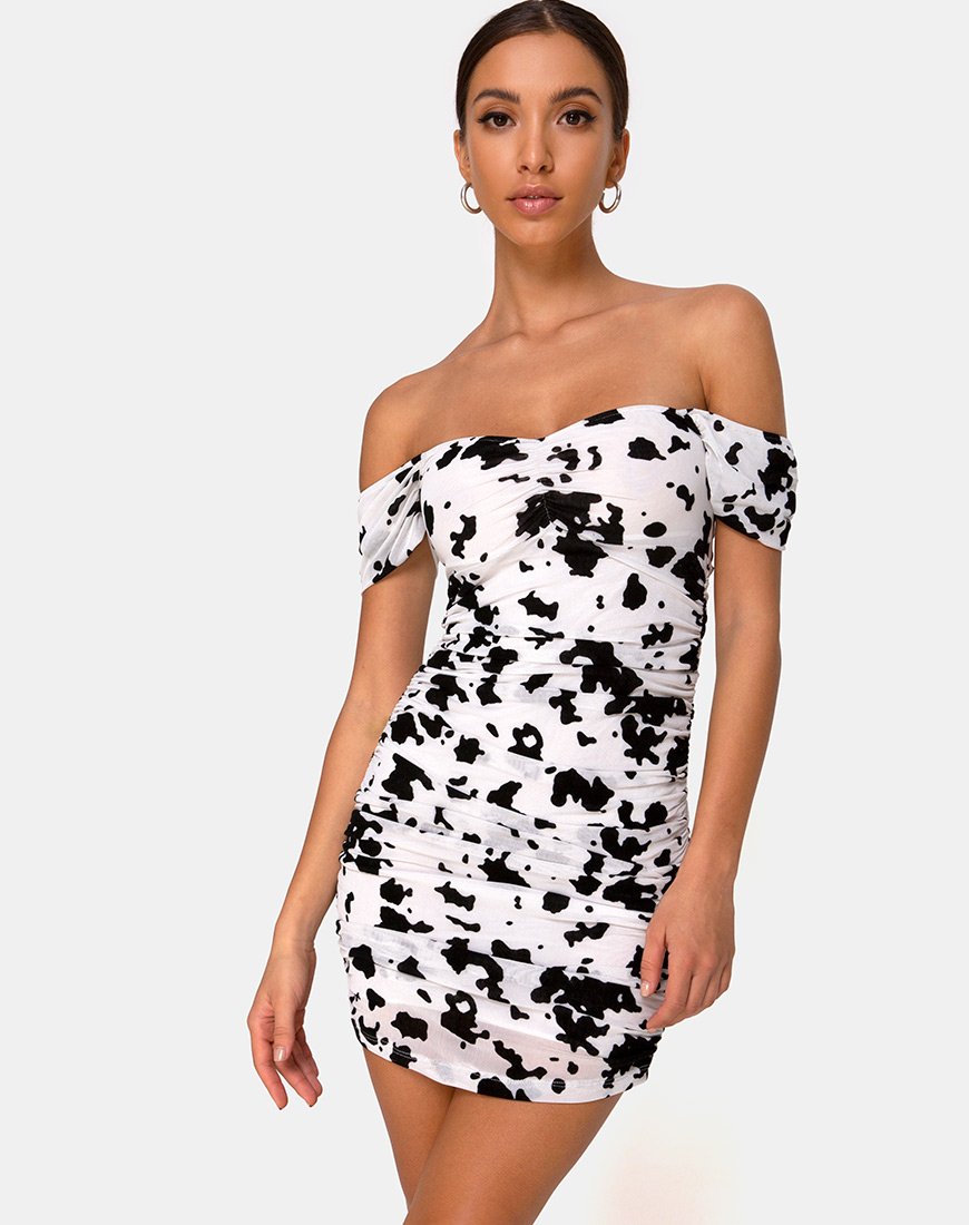 Imagen de Ennete Off The Shoulder Dress in Flock Dalmatian Black and White