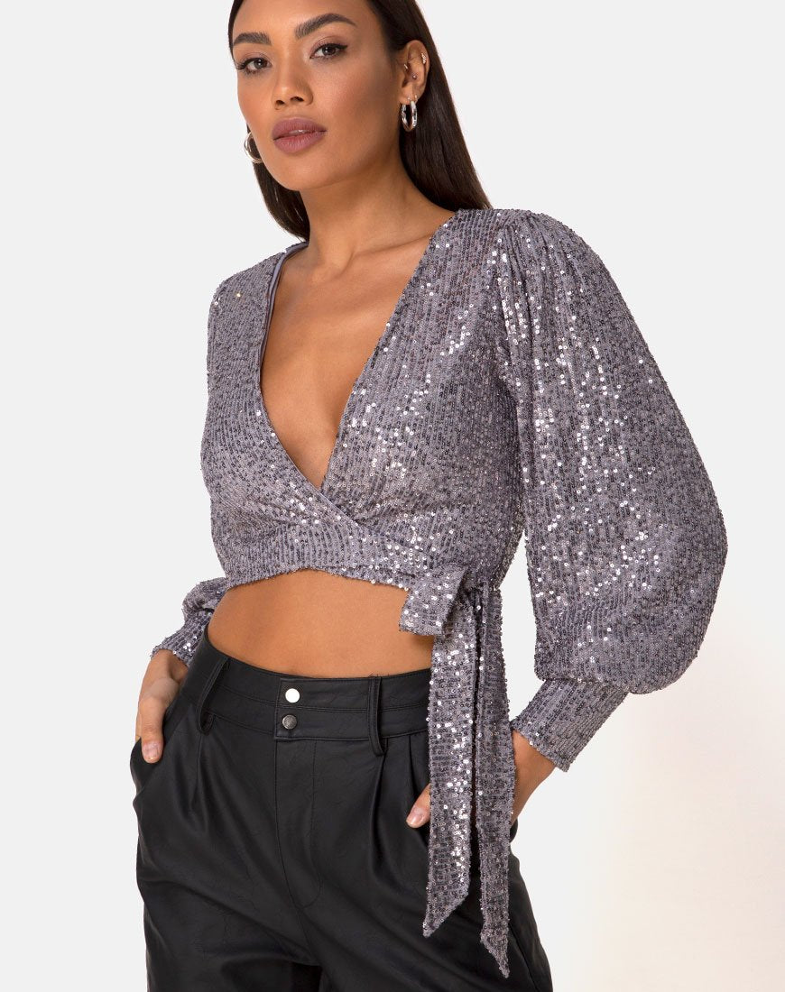 Top de manga larga Erina en malla drapeada Plata