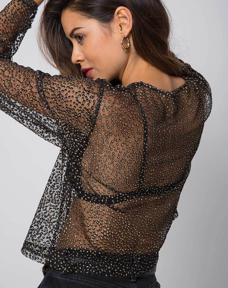 Top de manga larga Ether en malla Glitter Animal Negro