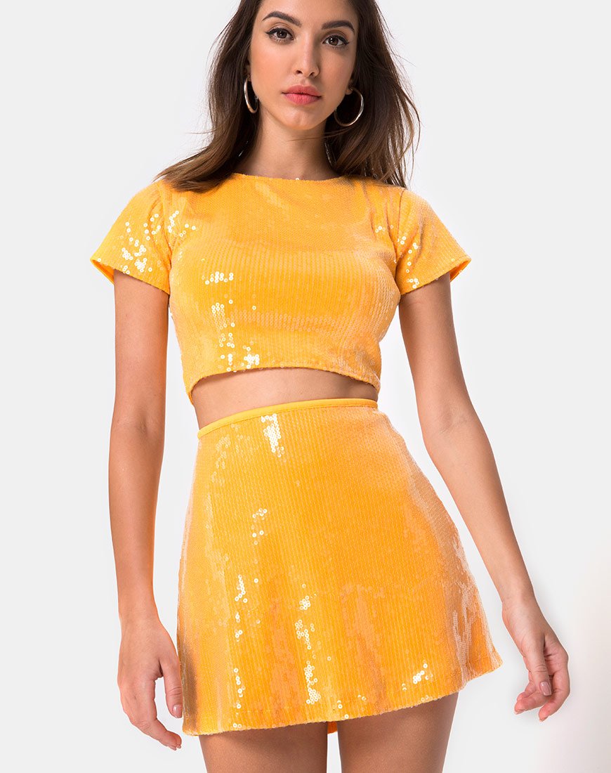 Falda Ewi en mandarina con lentejuelas transparentes