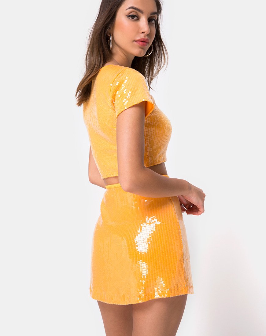 Falda Ewi en mandarina con lentejuelas transparentes