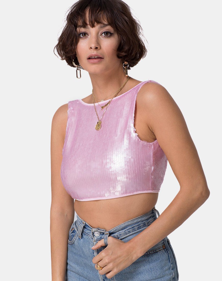 Crop Top Faith en lentejuelas tinte rosa